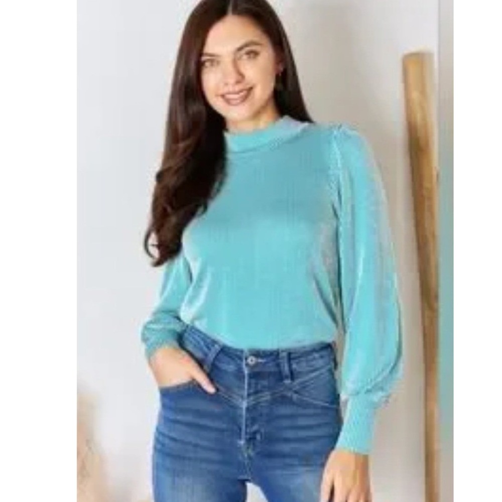 ZENANA Blue Mock Neck Puff Sleeve Cozy Sweater‎ Top Size L